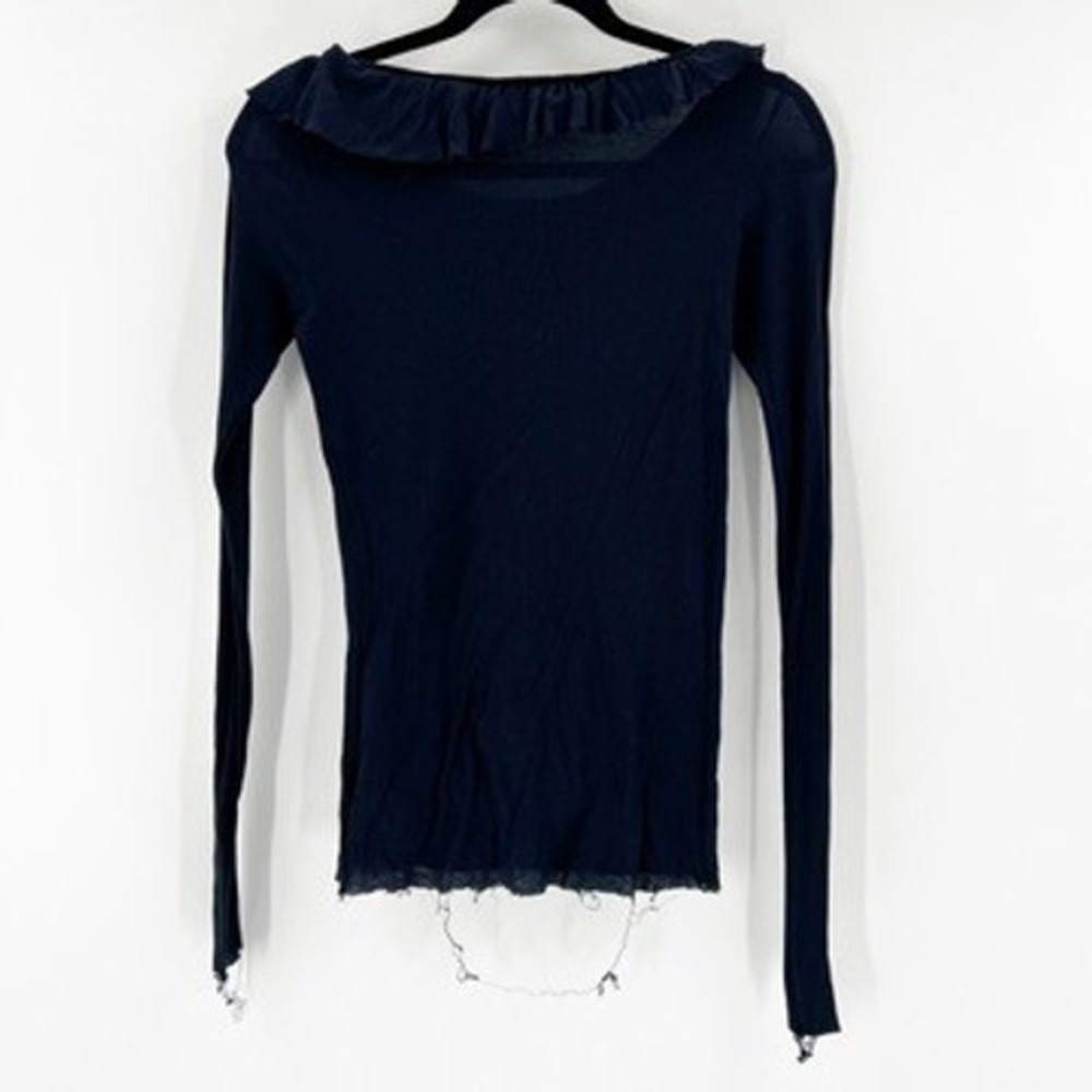 COS Ruffle Neck Long Sleeve Top Ribbed Knit Trimmed Hem Dark Blue - Picture 2 of 4